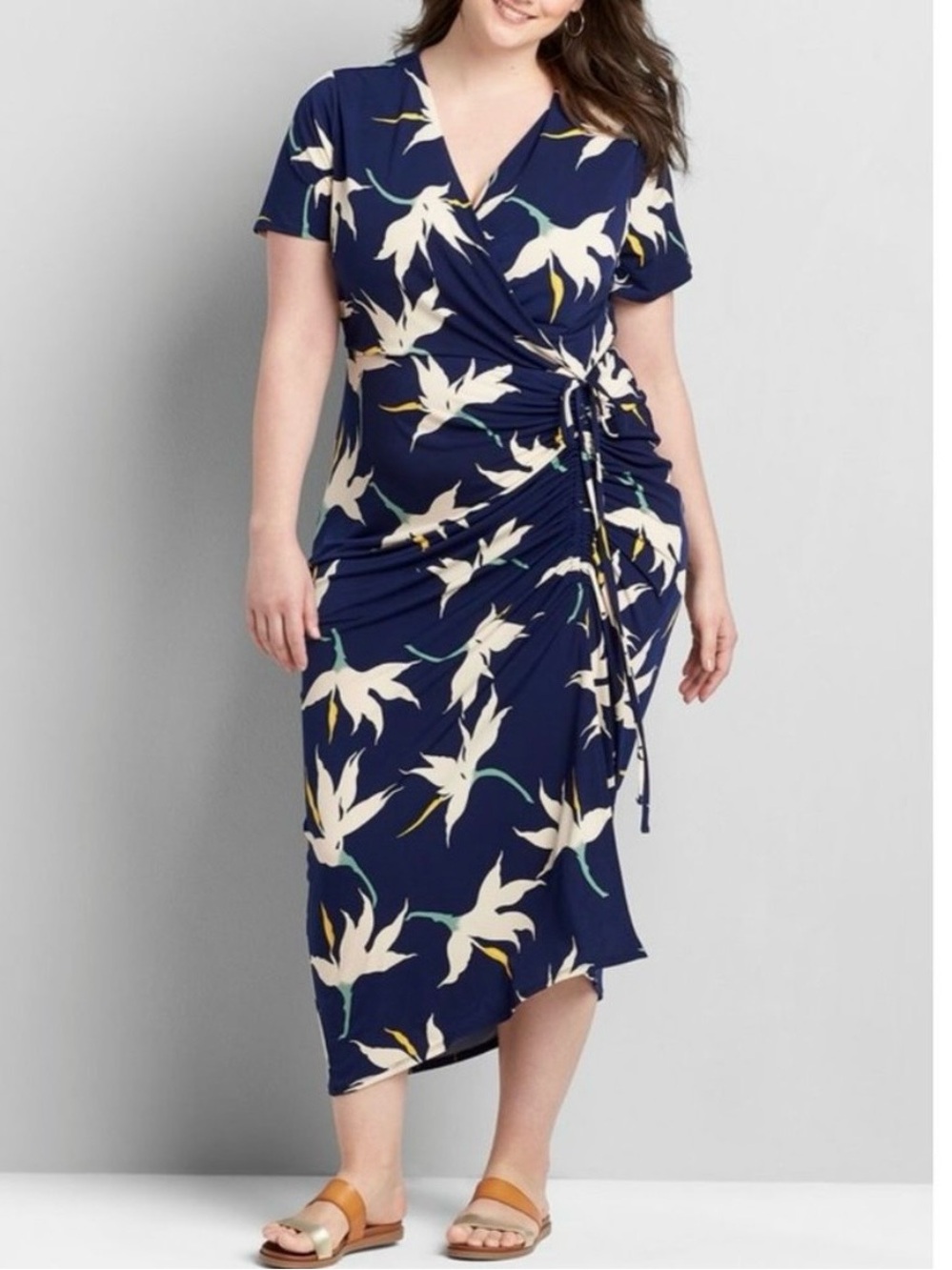 Lane Bryant Navy Floral Crossover Side-Drawstring Maxi Dress -Size 14/16